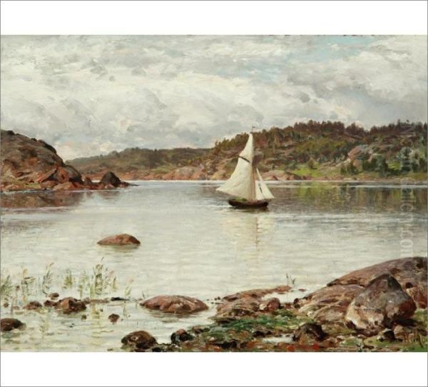 Sailboat In The Tammisaari Archipelago Oil Painting by Hjalmar (Magnus) Munsterhjelm