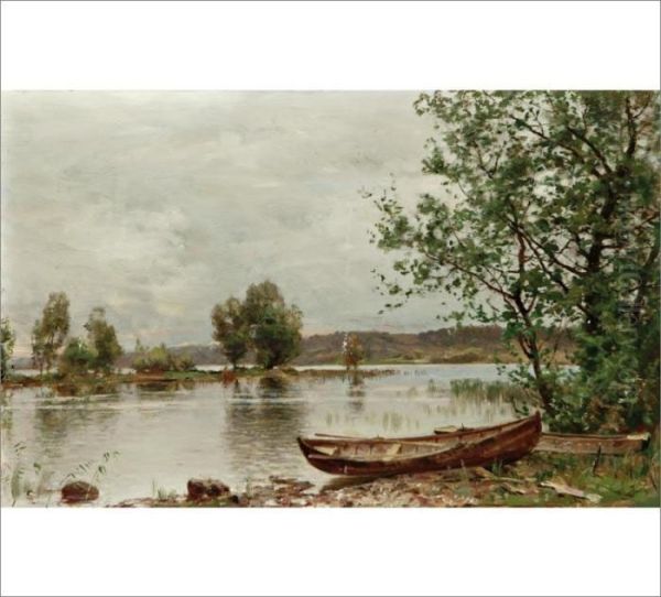 Lake Landscape Oil Painting by Hjalmar (Magnus) Munsterhjelm