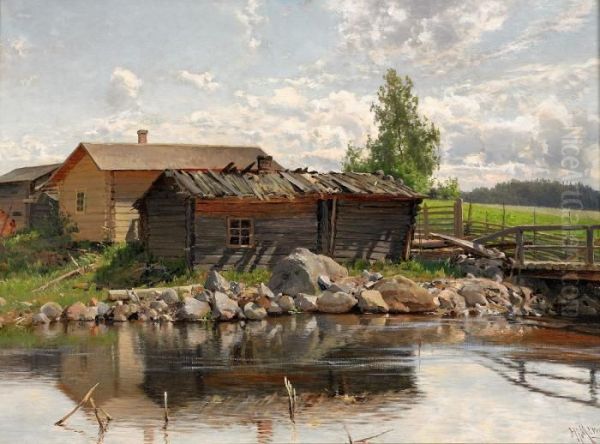 Sommarlandskap Med Sjostuga Oil Painting by Hjalmar (Magnus) Munsterhjelm