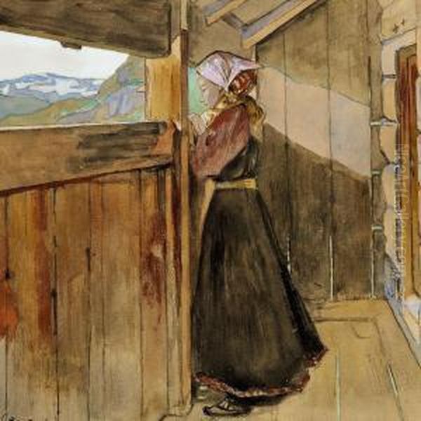 A Young Girl Looking Out Of A Cabin In Hallingdal Oil Painting by Gerhard Peter Frantz Munthe