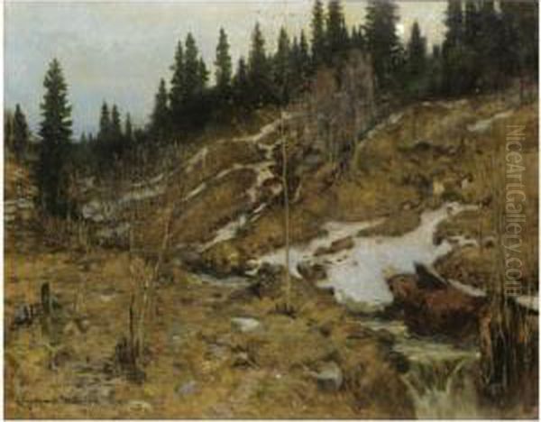 Snodekket Elvelandskap (snowy River Landscape) Oil Painting by Gerhard Peter Frantz Munthe