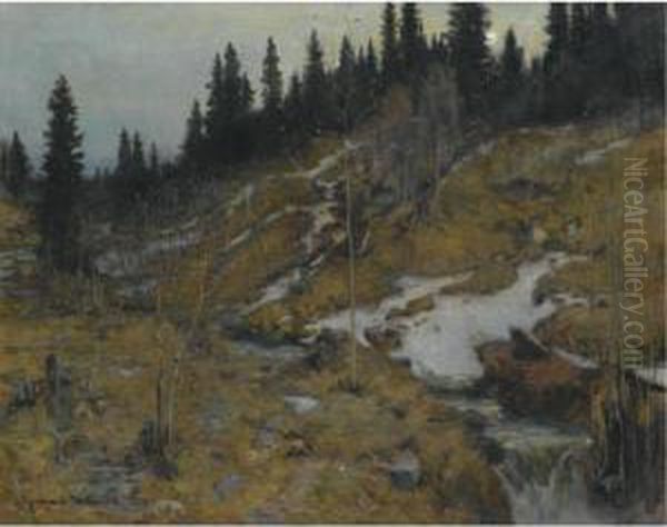 Snodekket Elvelandskap (snowy River Landscape) Oil Painting by Gerhard Peter Frantz Munthe