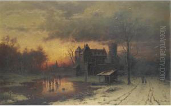 Iceskating At Sunset Oil Painting by Ludwig Munthe