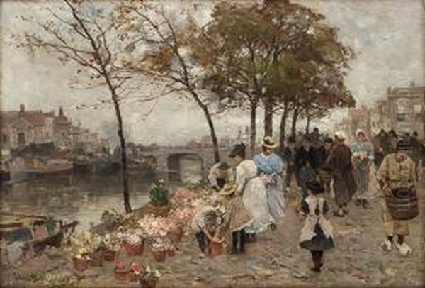 Flowermarket Oil Painting by Ludwig Munthe