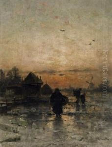 Winter Evening In Holland. 
Farmers Returning Home On A Snowy Road. Signed Bottom Right: L. Munthe Oil Painting by Ludwig Munthe