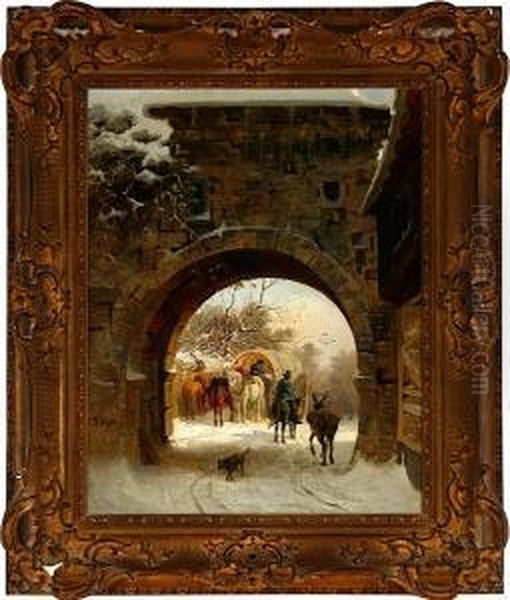 A Winter Day By A Gate, Presumeably In Germany Oil Painting by Ludwig Munthe