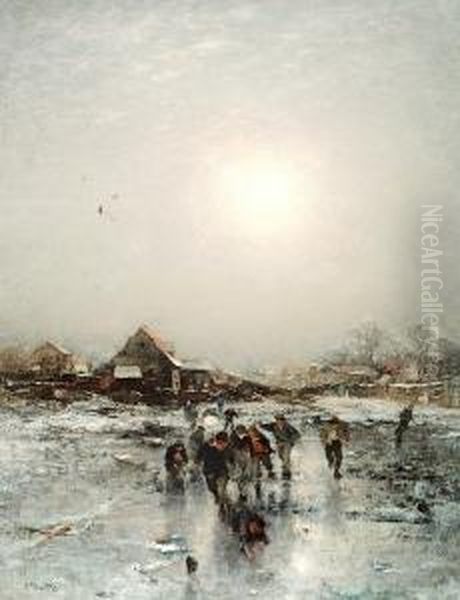 Boys On A Frozen Lake With A Village In The Background Oil Painting by Ludwig Munthe