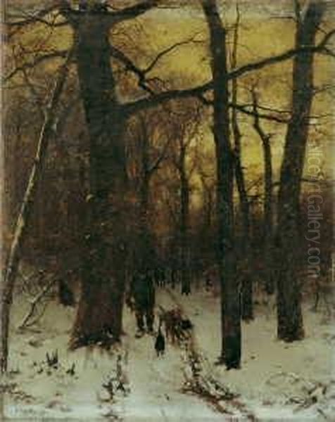 Winterwald Mit Jager. Oil Painting by Ludwig Munthe