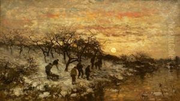 Lekende Gutter I Vinterlandskap 1896 Oil Painting by Ludwig Munthe