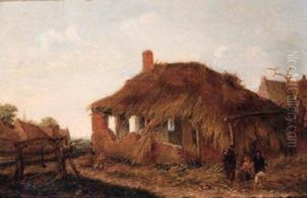 A Gypsy Woman With Travellers By A Ruined Barn In A Landscape Oil Painting by Emmanuel Murant