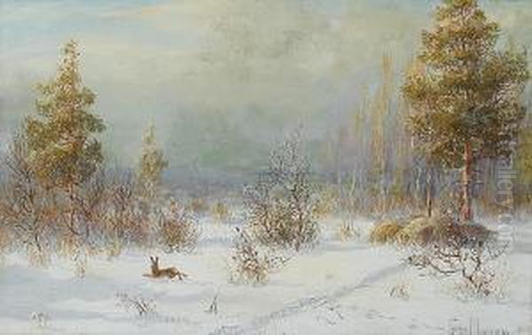 A Winter Hunting Scene Oil Painting by Wladimir Leonidovich Murawjoff