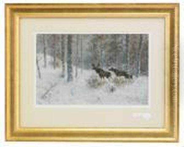 Winter Landscape With A Family Of Moose Oil Painting by Wladimir Leonidovich Murawjoff