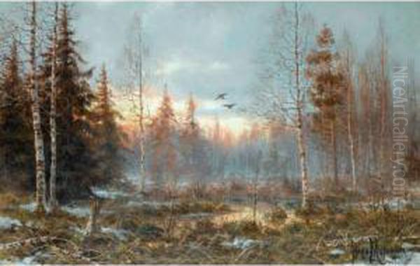 Forest At Dawn Oil Painting by Wladimir Leonidovich Murawjoff