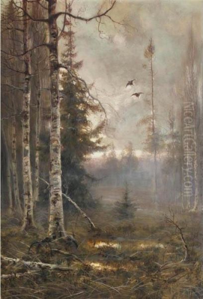 Forest At Dawn With Ducks In Flight Oil Painting by Wladimir Leonidovich Murawjoff