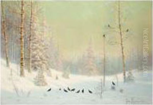 Capercaillie In Winter Oil Painting by Wladimir Leonidovich Murawjoff