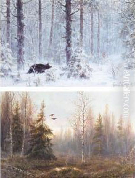 Three Hunting Scenes: Shooting Ducks; Bear Hunt In Winter, And Gamebirds In Flight Oil Painting by Wladimir Leonidovich Murawjoff