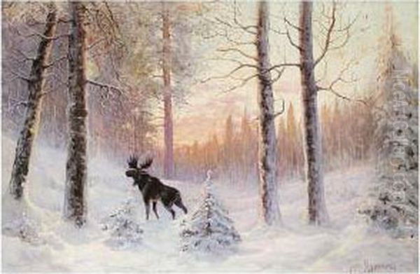 Elk In The Forest Oil Painting by Wladimir Leonidovich Murawjoff