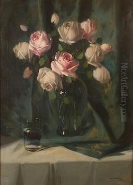 A Still Life Of Pink Roses In Glass Vase by Vilmos Murin