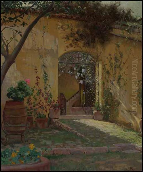 A Mexican Patio Oil Painting by Hermann Dudley Murphy