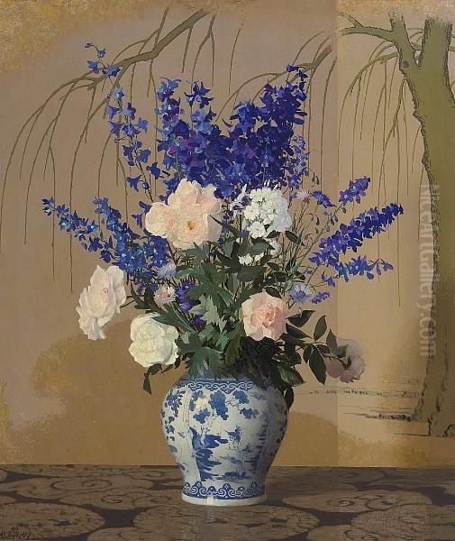 A Still Life With Delphiniums And Roses In A Blue And White Porcelain Vase Oil Painting by Hermann Dudley Murphy