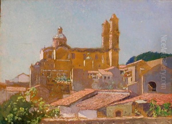 Southern European Village With View Of A Cathedral Oil Painting by Hermann Dudley Murphy