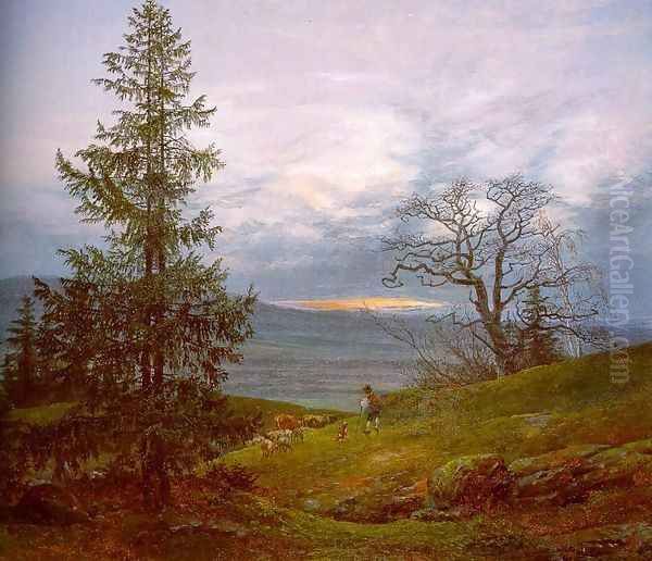 Evening Landscape with Shepherd 1822 Oil Painting by Johan Christian Clausen Dahl