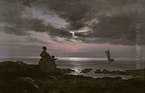 Mother and Child by the Sea Oil Painting by Johan Christian Clausen Dahl