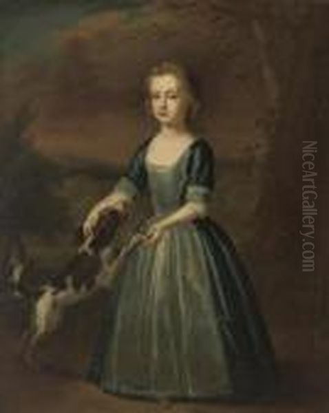 Portrait Of Miss Cresset, 
Standing, Full-length, In A Blue Dress With Lace Apron, A Spaniel At Her
 Side, In A Landscape Oil Painting by Thomas Murray