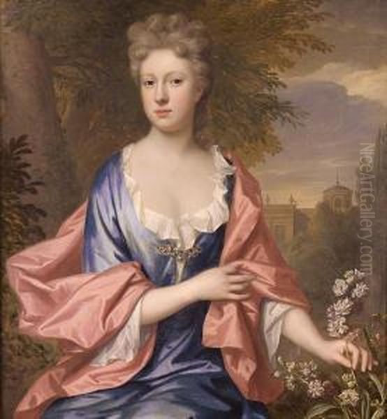 Portrait Of A Lady, Half-length,
 In A Blue Dress With A Salmon Pink Wrap, Picking A Flower, A View To 
Palace Garden Beyond Oil Painting by Thomas Murray