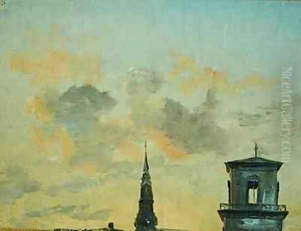 Two Towers in Copenhagen Against the Evening Sky Oil Painting by Johan Christian Clausen Dahl