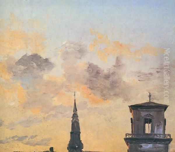 Two Belfries at Sunset, Copenhagen Oil Painting by Johan Christian Clausen Dahl