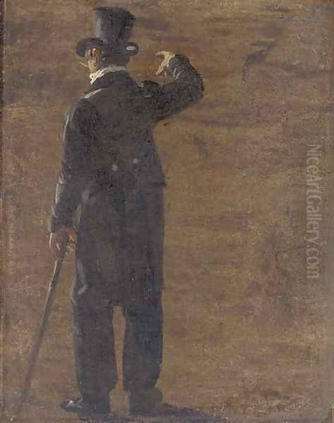 A figure in a morning coat and top hat, seen from behind Oil Painting by Johan Christian Clausen Dahl