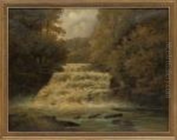 An Angler By A Waterfall Oil Painting by Francis Sydney Muschamp