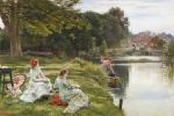 Tea By The River Near The Swan At Pangbourne Oil Painting by Francis Sydney Muschamp