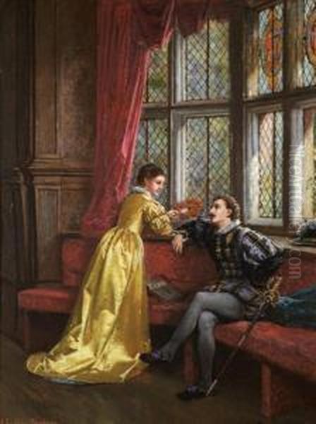 Couple Conversing In An Interior Oil Painting by Francis Sydney Muschamp