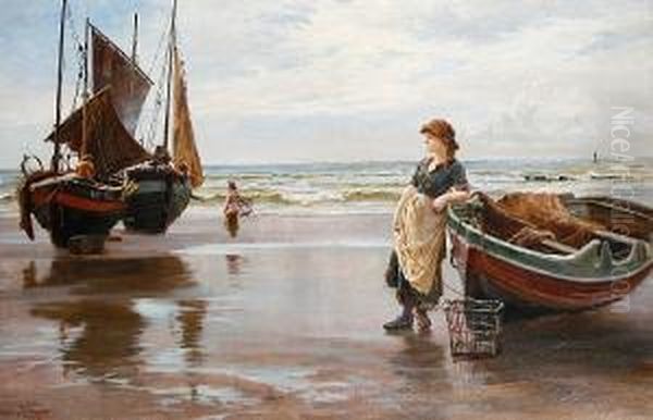 A Fisherwoman Looking Out To Sea Oil Painting by Francis Sydney Muschamp