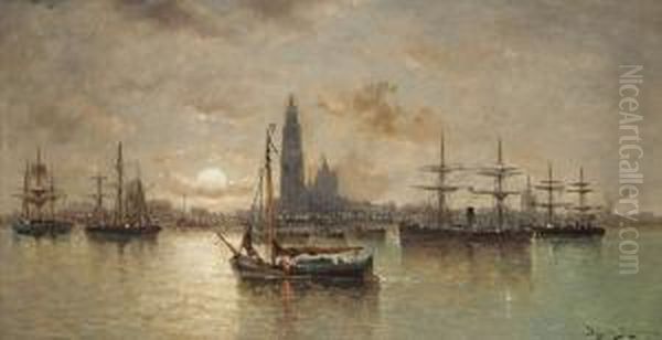 Zeilboten Voor De Rede Van Antwerpenbij Maanlicht Oil Painting by Auguste Henri Musin