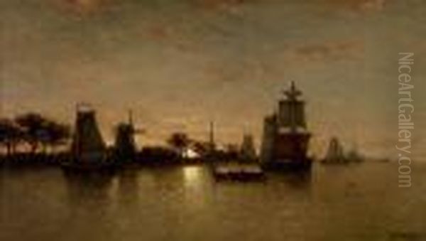 Segelboote Vor Uferlandschaft Bei Sonnenuntergang Oil Painting by Auguste Henri Musin