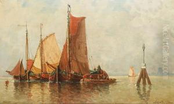 Marine With Fishing Boats Oil Painting by Auguste Henri Musin