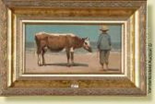 Fermier Et Sa Vache Sur Laplage Oil Painting by Auguste Henri Musin