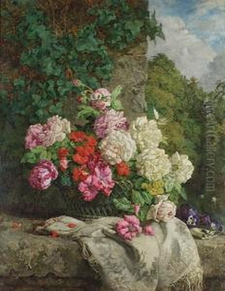 Still Life With Flowers On A Rocky Ledge Oil Painting by Annie Feray Mutrie