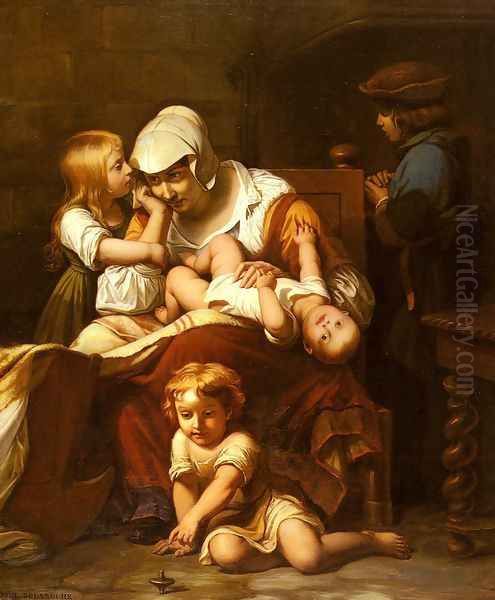 Juene Mere Et Ses Enfants (Young Mother and Her Children) Oil Painting by Paul Delaroche