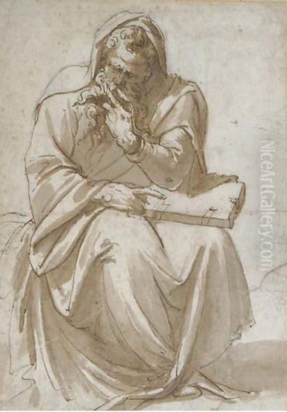 A Seated Prophet Holding A Book Oil Painting by Girolamo Muziano