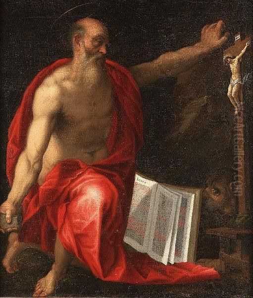 Saint Jerome In Penitence Before The Cross Oil Painting by Girolamo Muziano