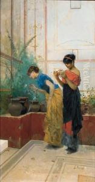 Due Ragazze In Una Villa Pompeiana 1880 Circa Oil Painting by Giovanni Muzzioli