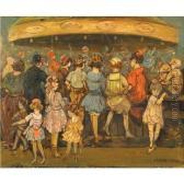 Children At A Carrousel Oil Painting by Jerome Myers