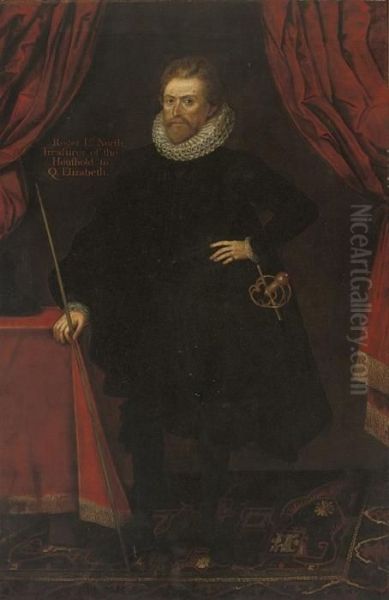 Portrait Of Roger, 2nd Lord 
North (d.1600), Full-length, In A Blackcoat And Breeches, A Baton In His
 Right Hand, By A Drapedtable Oil Painting by Daniel Mytens