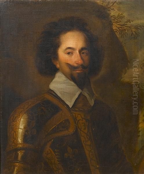 Portrait Of A Bearded Man, Half-length, Wearing Armour In A Landscape Oil Painting by Daniel Mytens