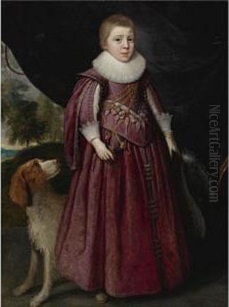 Portrait Of A Young Boy, 
Standing Full-length, In A Maroon Dress And A White Ruff, Holding A 
Plumed Hat In His Left Hand, With A Spaniel Oil Painting by Daniel Mytens