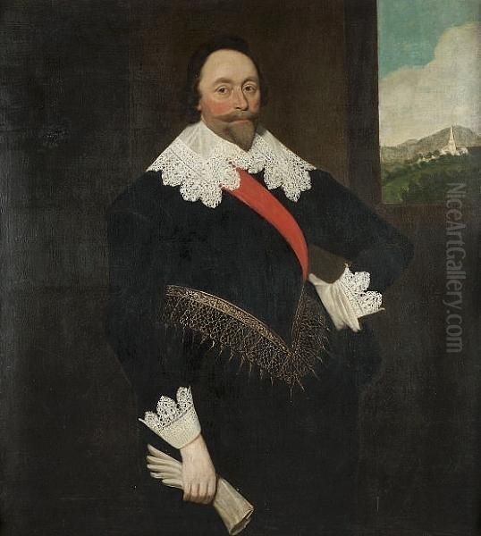 Portrait Of A Gentleman, 
Traditionally Identified As Oliver St. John, 1st Earl Of Bolingbroke 
(1580(?)-1646), Standing Three-quarter-length, In A Black Doublet With A
 Red Sash And A Lace Collar And Cuffs, Holding A Glove In His Right 
Hand, A View  Oil Painting by Daniel Mytens